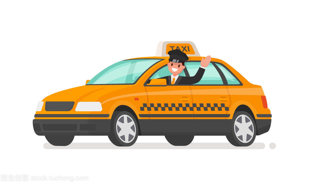 司機正在開一輛出租車。黃色計程車矢量插圖